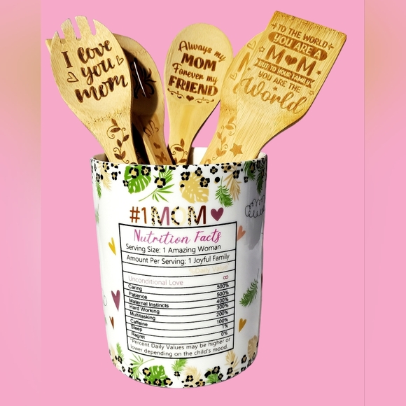 Ceramic Utensil Holder Farmhouse Crock/Wooden Spoons Gift for MOM - Picture 6 of 10